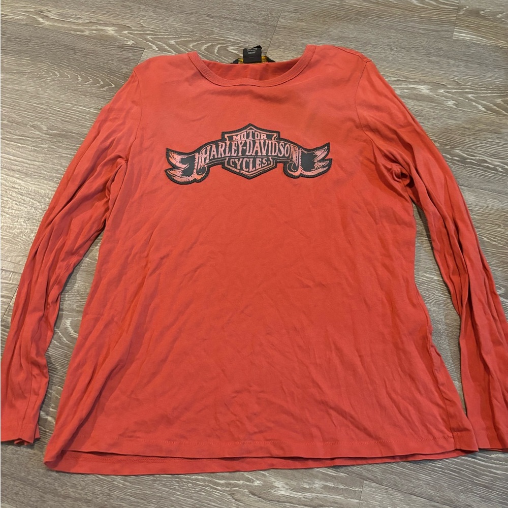 Harley Davidson Top 2XL Women Muted Orange Motorcycle Logo Long Sleeve